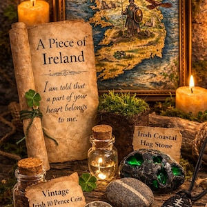 Puede incluir: Arreglo de artículos de temática irlandesa sobre una superficie de madera. Incluye un mapa enmarcado de Irlanda, un pergamino con texto, una moneda vintage, una piedra de bruja y pequeños frascos de vidrio. Velas encendidas.