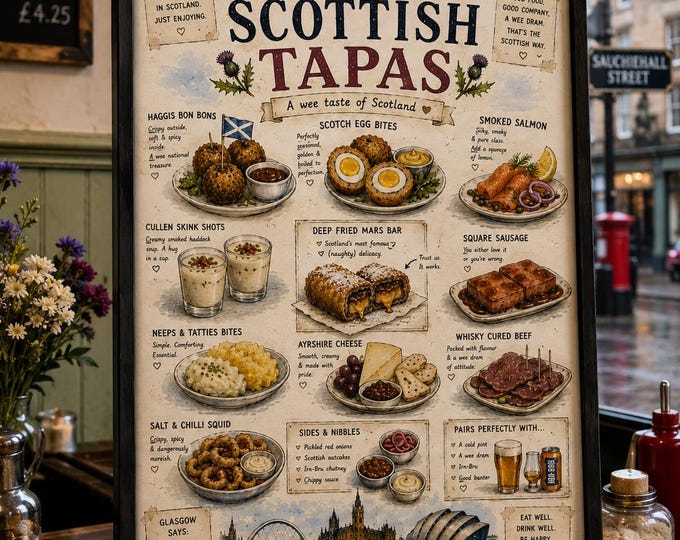 Scottish Tapas Print | Funny Scottish Food Poster | Glasgow Kitchen Wall Art
