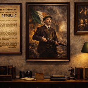 May include: A room with framed historical artwork and a desk. The central framed image depicts a man holding a rifle with an Irish flag in the background. To the left is a framed document, and to the right, a portrait. A lamp and books are on the desk.