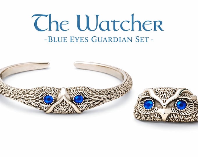 Blue Owl Ring and Bracelet Set, Sterling Silver Adjustable Jewellery Bundle, Celtic Owl Set, Guardian Watcher Set