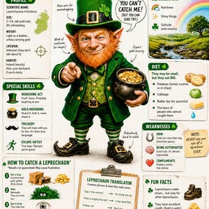 May include: An illustrated guide to leprechauns, featuring a cartoon leprechaun with a green hat and suit, holding a pot of gold. The image includes text about leprechaun characteristics, diet, and weaknesses.