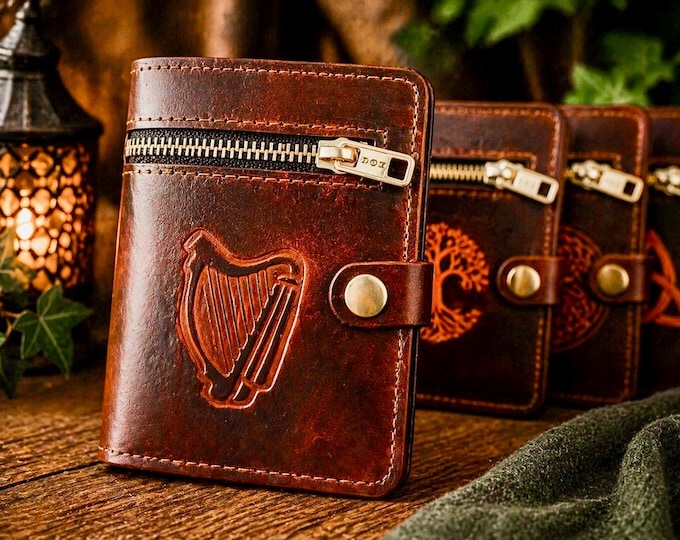 Handmade Irish Leather Wallet – Celtic Harp, Tree of Life, Knot Designs