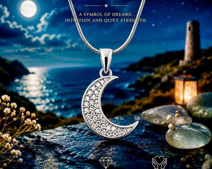 Child of the Moon Necklace | Solid Sterling Silver Crescent Moon Pendant | Zircon Moon Necklace