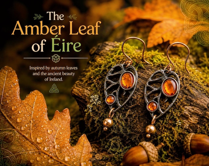 The Amber Leaf of Éire | Celtic Autumn Leaf Earrings | Vintage Irish Nature Jewellery