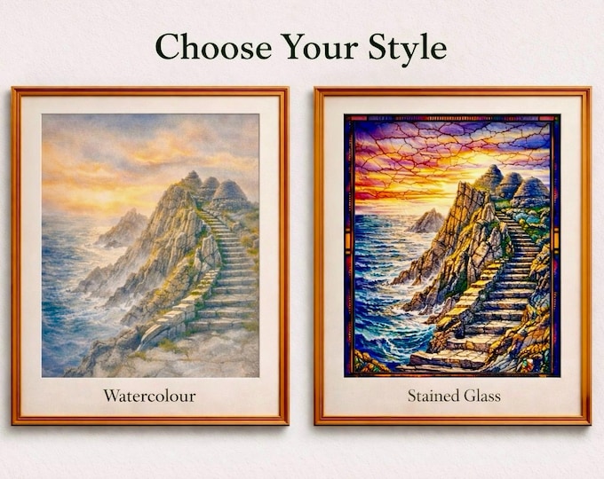 Skellig Michael Print – Kerry Coastal Wall Art, Choose Watercolour or Stained Glass