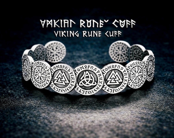Viking Rune Cuff – Norse Bracelet for Men, Adjustable Silver Cuff, Viking Jewellery, Nordic Symbols