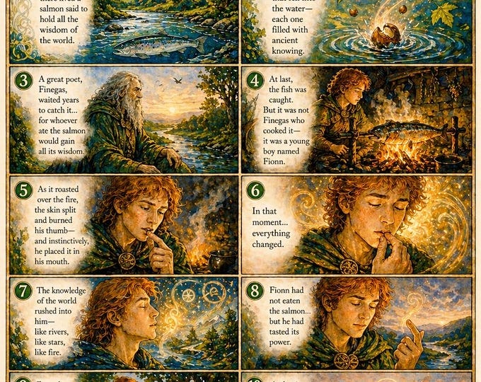 The Salmon of Knowledge Print – Irish Mythology Wall Art, Fionn Mac Cumhaill (Finn McCool) Story, Celtic Folklore Poster