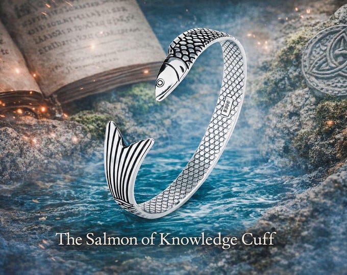 Salmon of Knowledge Cuff – Irish Folklore Bracelet, Fionn Mac Cumhaill (Finn McCool) Story Jewelry, Silver Fish Cuff