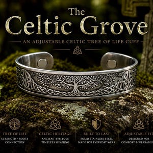 May include: A silver-toned metal cuff bracelet featuring an embossed Celtic tree of life design with intricate knotwork patterns. The interior of the cuff displays two circular magnetic elements at each end. The text reads The Celtic Grove.