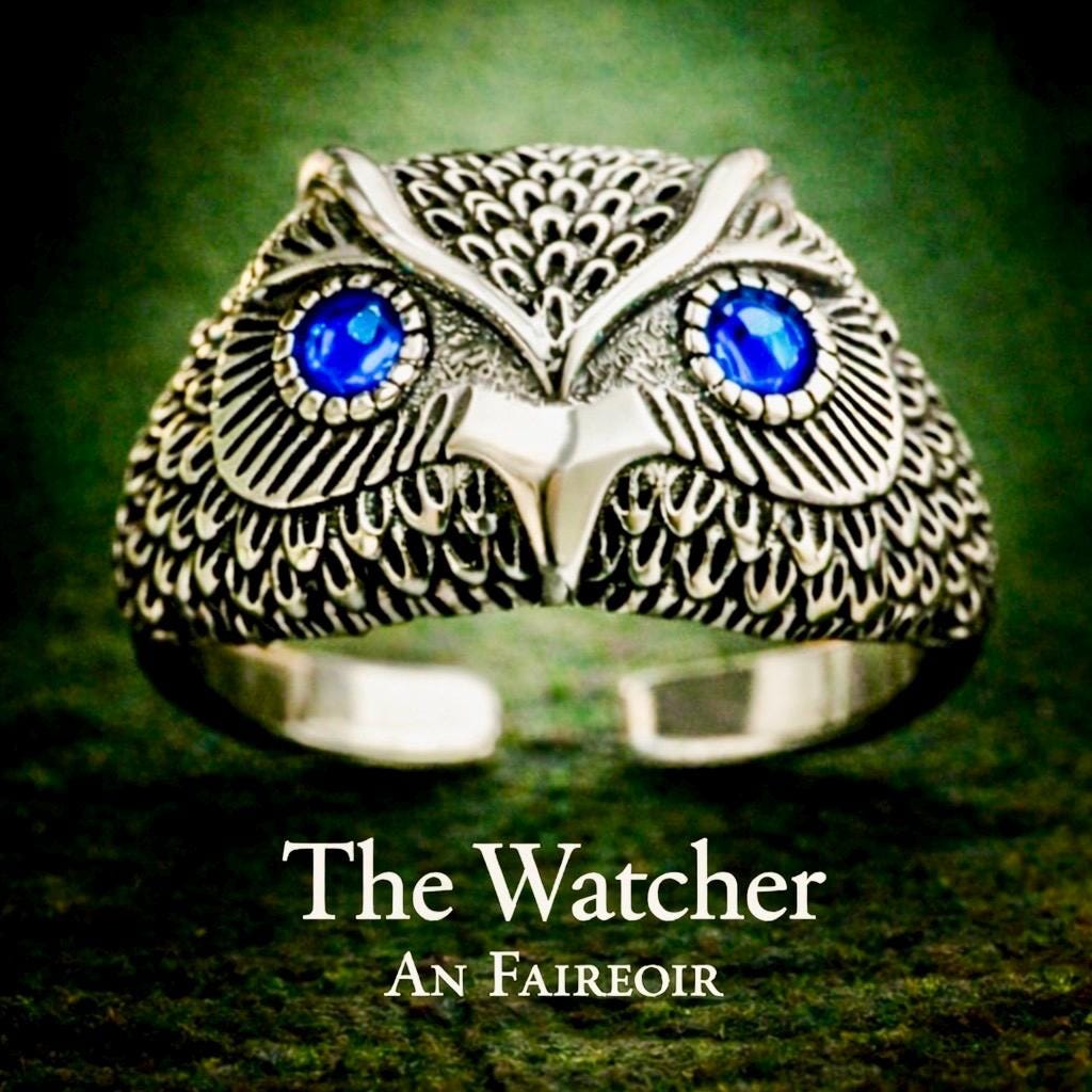The Blue Eyed Owl  Guardian Watcher. Sterling Silver Adjustable Bracelet