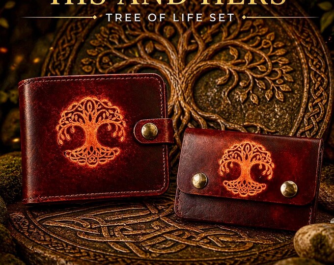 Wedding Gift For Couple - His & Hers Tree Of Life Leather Wallet And Purse Set - Bride And Groom Gift