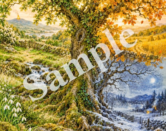 The Turning of the Irish Year | Celtic Four Seasons Oak Tree Art Print