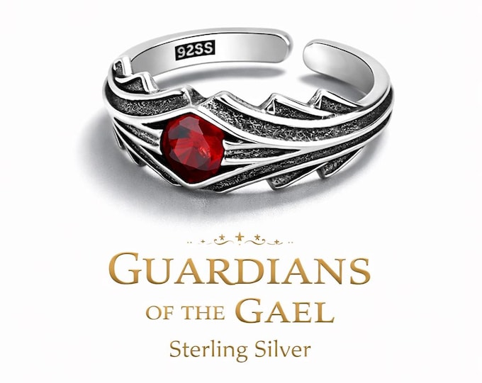 Sterling Silver Celtic Warrior Ring – Guardians of the Gael - Red Stone Adjustable Ring