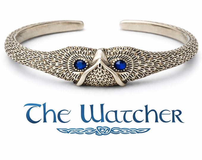 The Blue Eyed Owl  Guardian Watcher. Sterling Silver Adjustable Bracelet