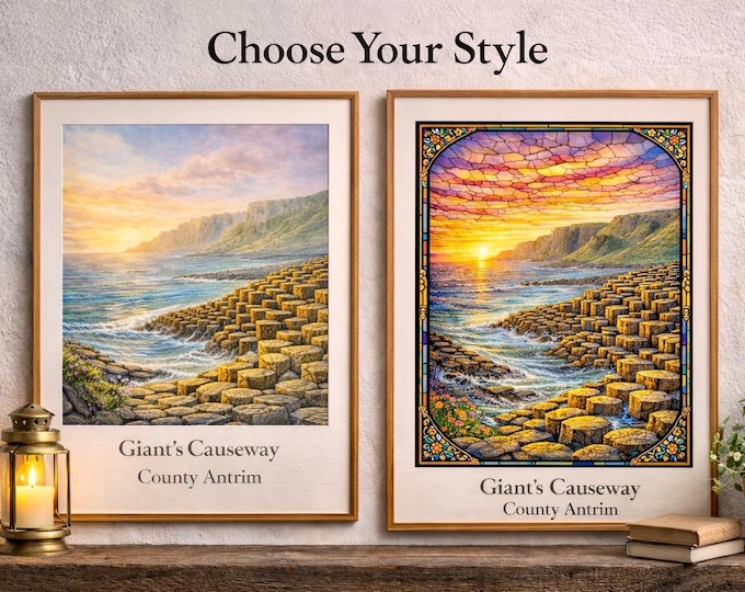 Giant’s Causeway Print – Irish Coastal Wall Art, Choose Watercolour or Stained Glass