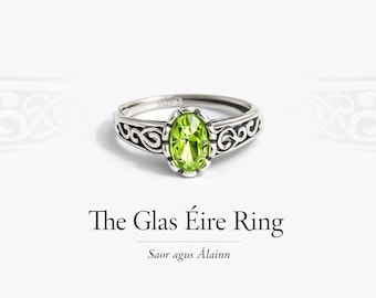 Der Glas Éire Ring - Grüner Stein Sterlingsilberring, verstellbarer Ring im keltischen Stil, irischer Schmuck