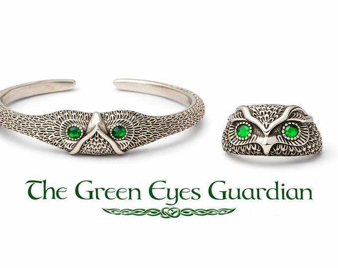 Celtic Owl Ring & Bracelet Set, Sterling Silver Adjustable Jewellery - Irish Myth Inspired Bundle