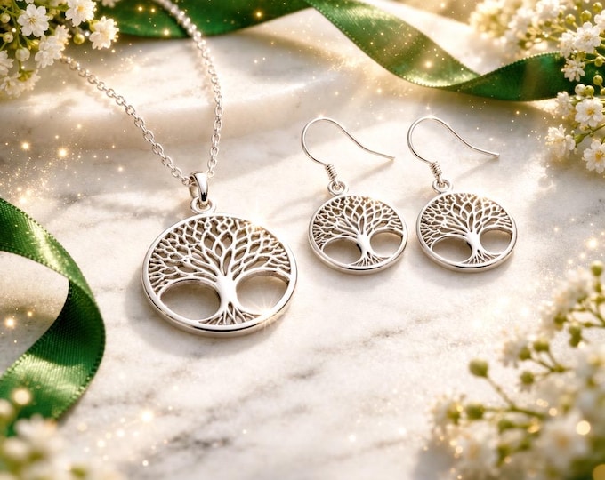 Tree of Life Jewellery Set Sterling Silver Necklace & Earrings – Celtic Gift for Women