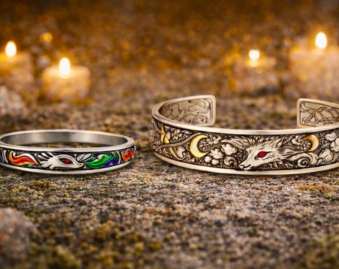 Flame Fox Ring & Bracelet Set – Celtic Fox Jewellery Set, Irish Folklore Gift, Matching Ring and Cuff