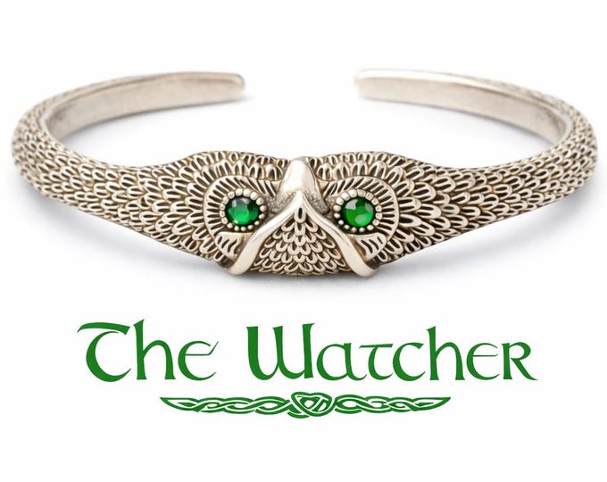 The Green Eyed Owl Guardian Watcher - Sterling Silver Adjustable Bracelet