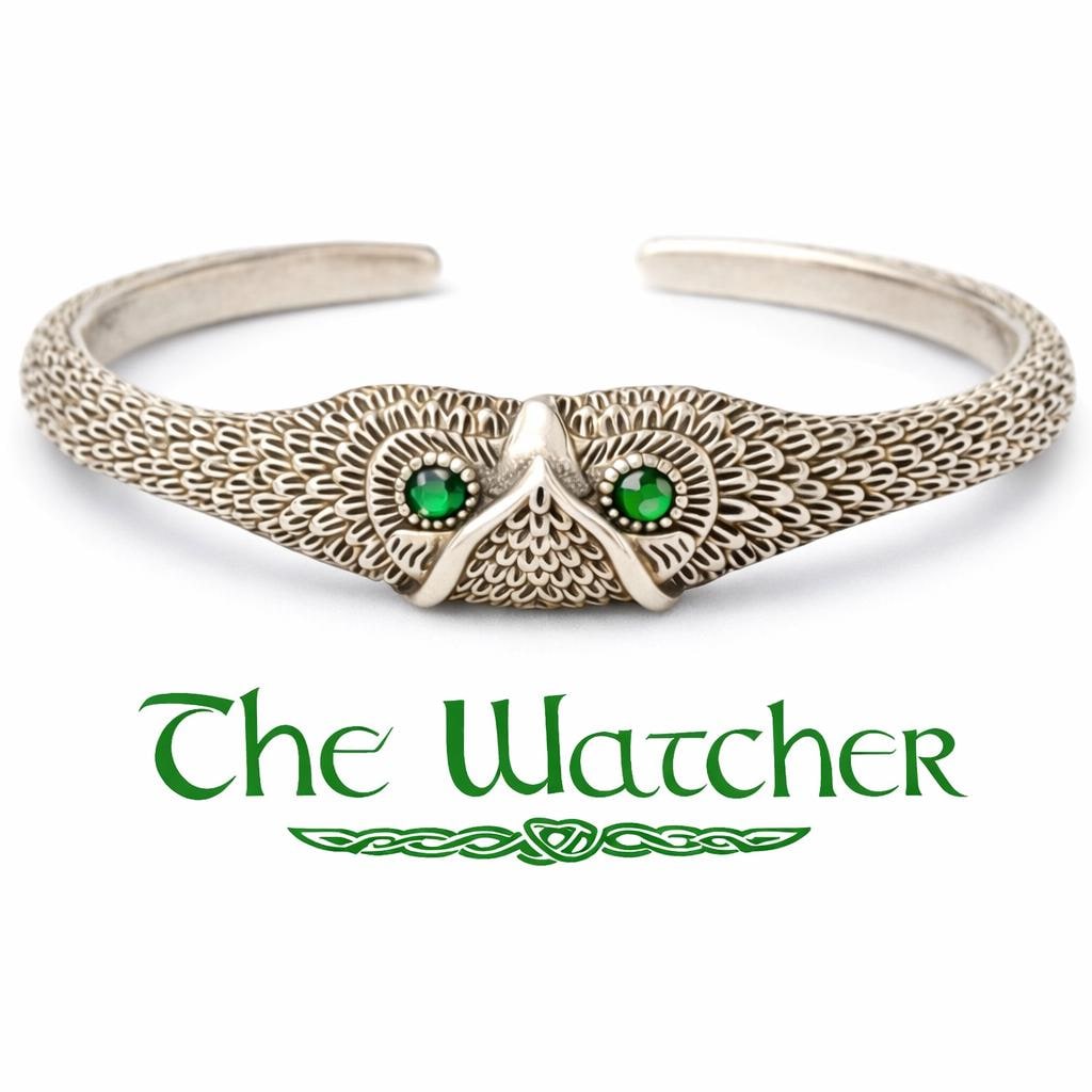 The Green Eyed Owl Guardian Watcher - Sterling Silver Adjustable Bracelet