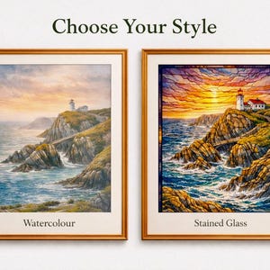 Lámina Mizen Head – Arte mural costero de corcho, elige acuarela o vidriera.