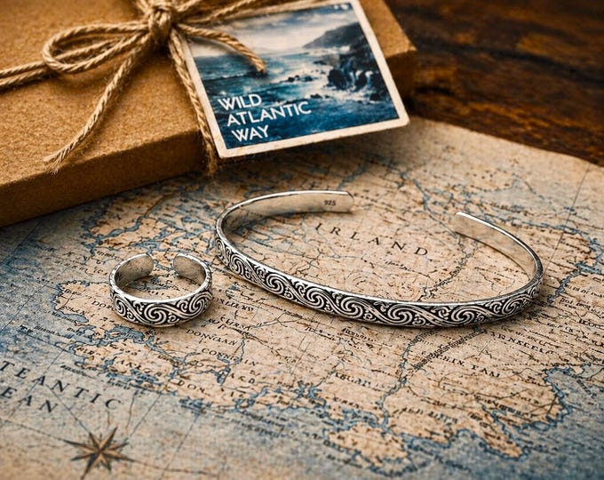 Atlantic Spiral Sterling Silver Bracelet And Ring Set - Both Adjustable.