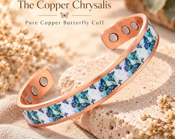 The Copper Chrysalis – Pure Copper Butterfly Cuff Bracelet, Magnetic Copper Bracelet, Blue Butterfly Jewellery