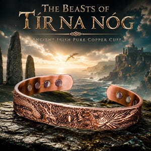 Puede incluir: Un brazalete de cobre con motivos en relieve de dragones y criaturas míticas en el exterior, con seis imanes circulares incrustados en la banda interior. El texto THE BEASTS OF TÍR NA NÓG ANCIENT IRISH PURE COPPER CUFF es visible.