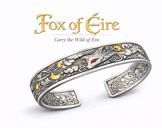 Fox of Éire Celtic Cuff Bracelet Adjustable Irish Sterling Silver Bangle Mythology Jewellery Gift Him Her Unisex
