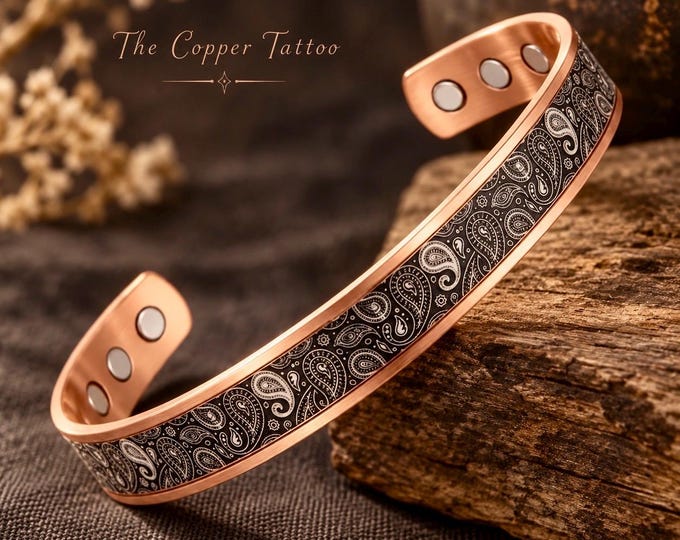 The Copper Tattoo – Pure Copper Paisley Magnetic Cuff Bracelet, Black Patterned Unisex Copper Jewellery