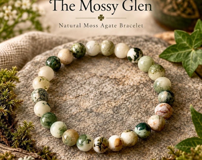 The Mossy Glen – Natural Moss Agate Bracelet, Irish Inspired Green Gemstone Jewellery, Stretch Bead Bracelet,
