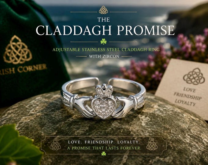 The Claddagh Promise | Adjustable Stainless Steel Claddagh Ring | Irish Love Friendship Loyalty Ring