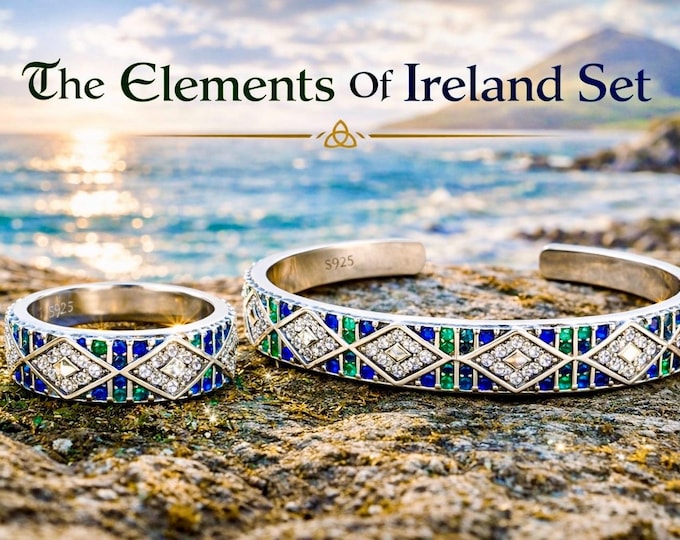 The Elements Of Ireland Jewellery Set. Adjustable Irish Ring And Cuff Bracelet. Land, Sea and Mountain inspired.