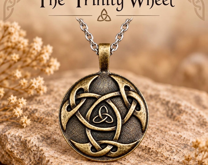 The Trinity Wheel – Celtic Trinity Knot Pendant, Bronze Celtic Necklace on Silver Chain, Irish Pagan Jewellery, Unisex Celtic Gift