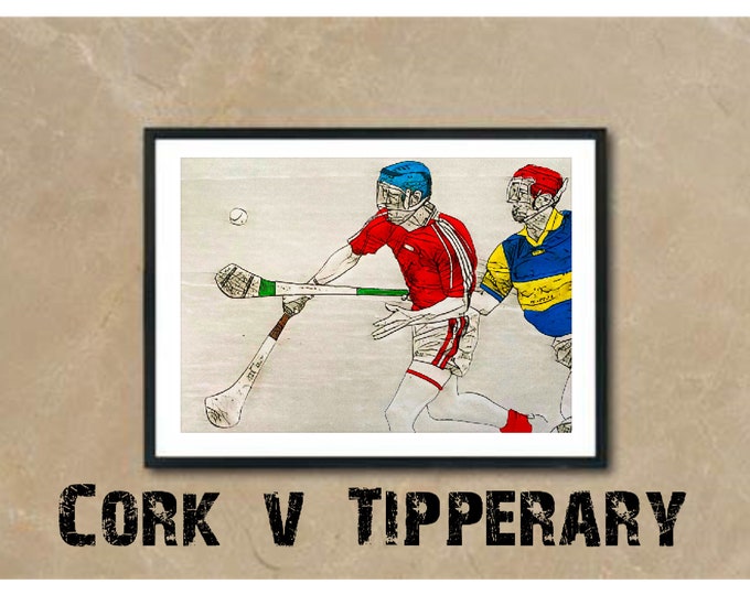 Personalised Any team retro hand coloured Hurling Art print. (any county or club)