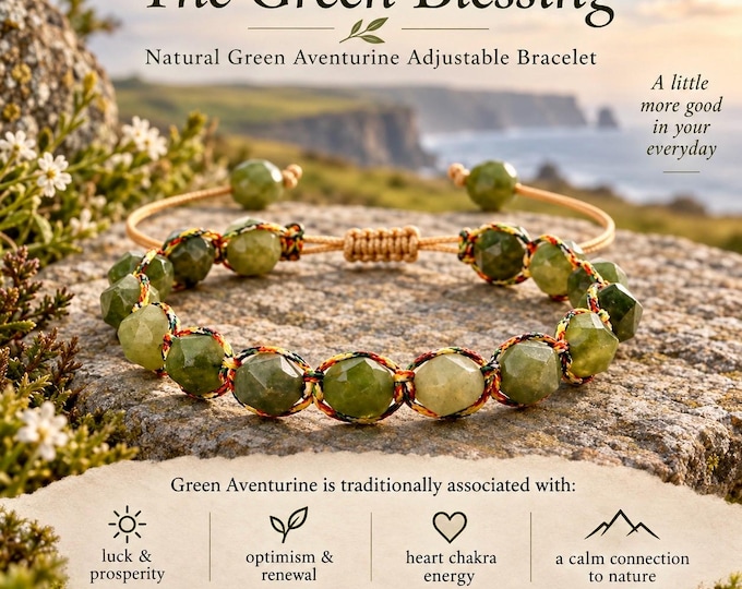 The Green Blessing – Natural Green Aventurine Bracelet, Adjustable Gemstone Jewellery, Irish Pagan Inspired Gift, Unisex Stone Bracelet