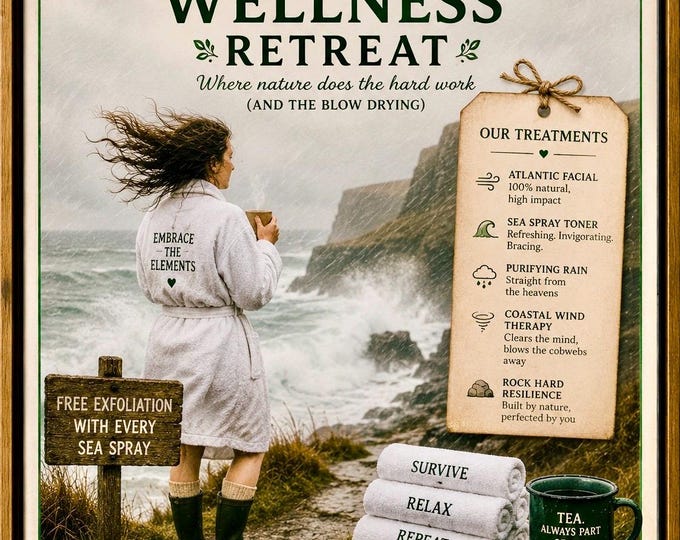 Wild Atlantic Wellness Retreat Print – Funny Irish Wall Art, Irish Humour Poster, Irish Gift, Atlantic Way Decor