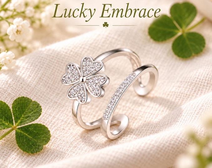 The Lucky Embrace –  Silver Four Leaf Clover Ring, Adjustable Irish Luck Ring
