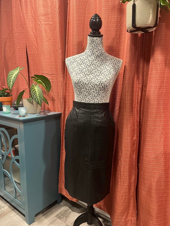 1980s Black Leather Pencil Skirt