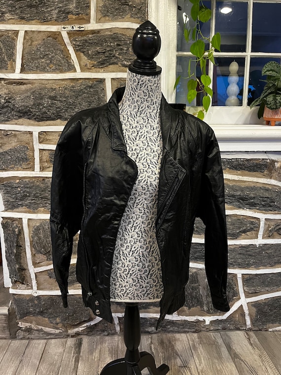 Vintage 80s Leather Bomber Jacket, Asymmetrical, … - image 1