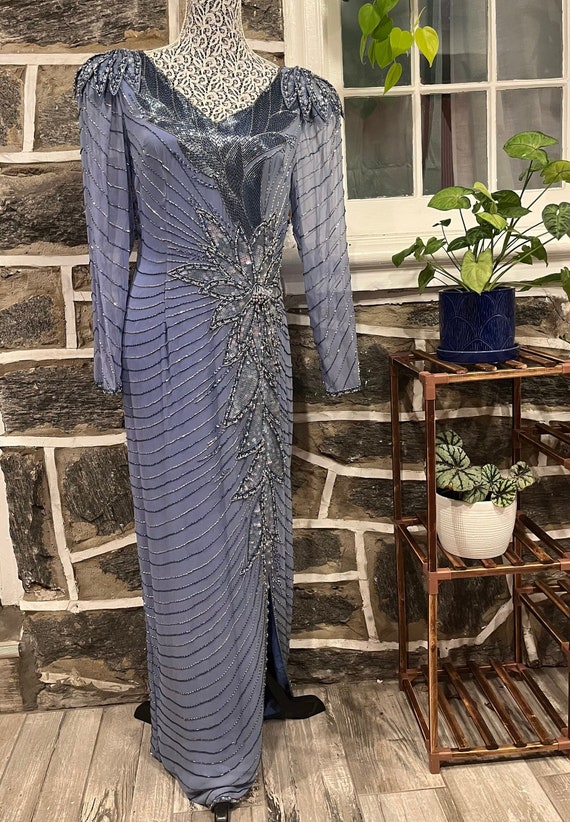 black tie oleg cassini dress Vintage Blue Beaded Black Tie Oleg Cassini Dress