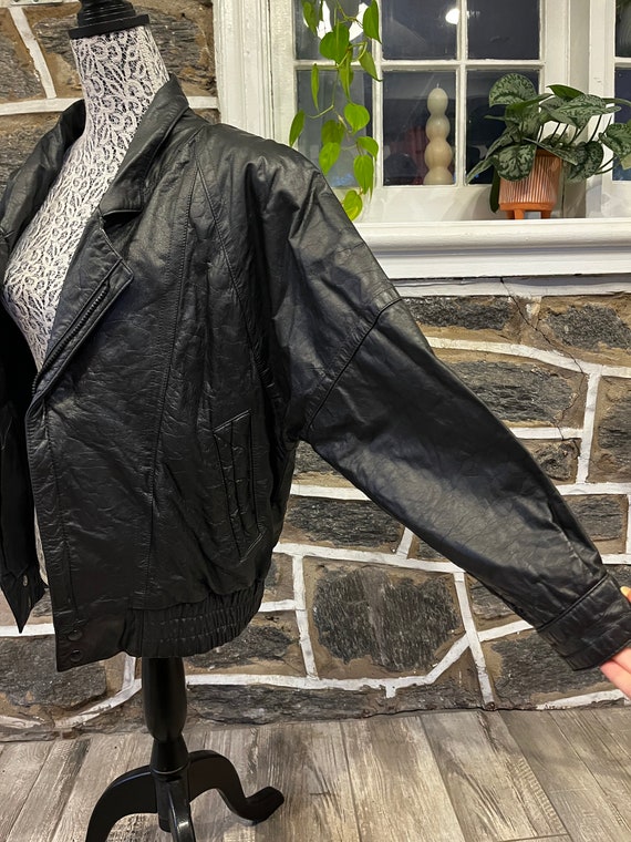 Vintage 80s Leather Bomber Jacket, Asymmetrical, … - image 4