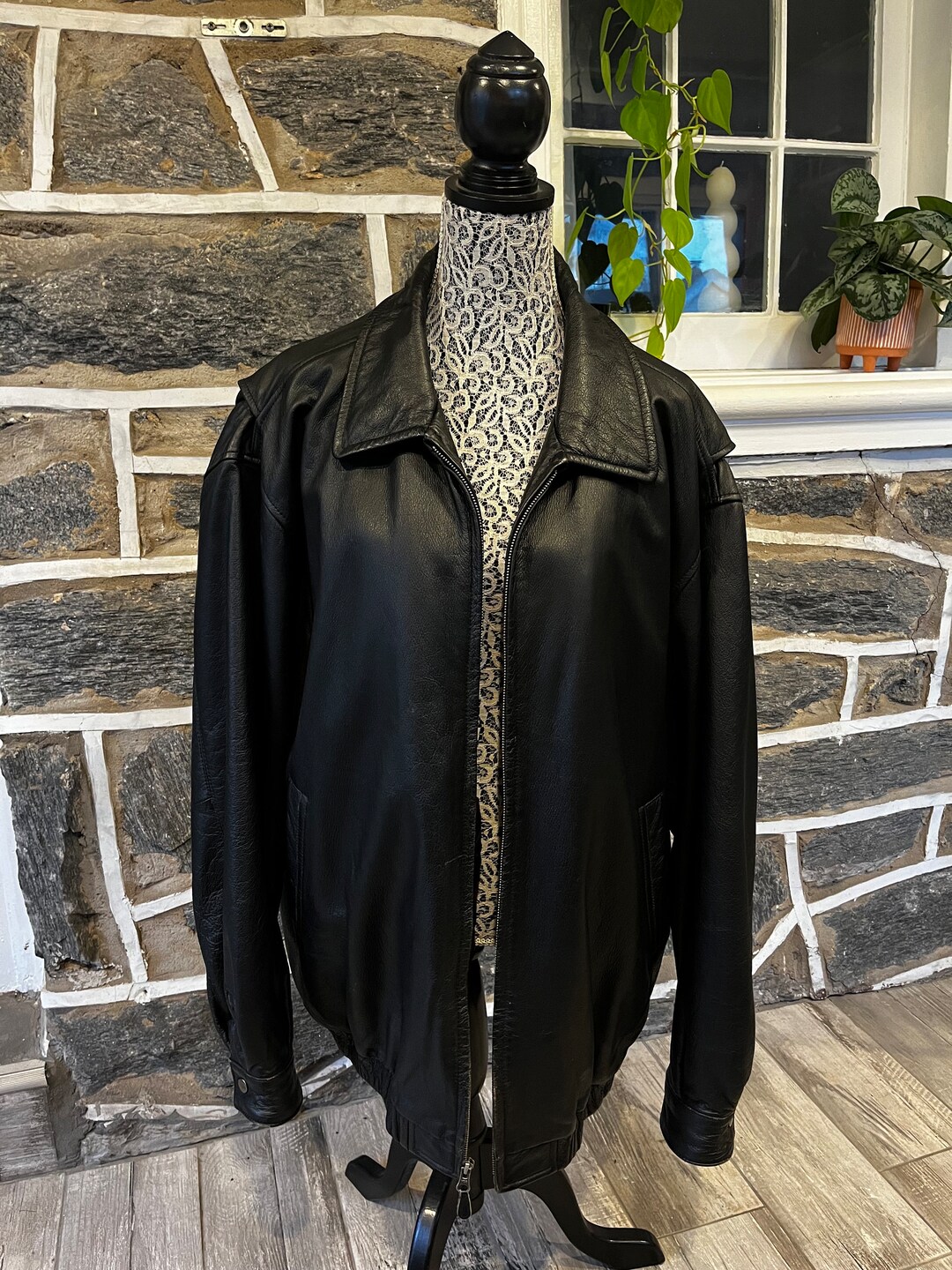 80s-90s Vintage Leather Jacket, St John's Bay, Black, Oversized