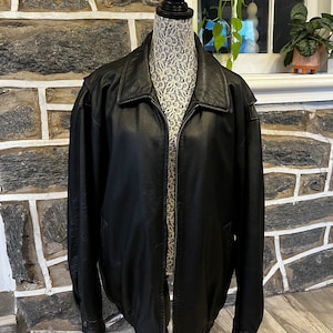 80s-90s Vintage Leather Jacket, St John’s Bay, Black, Oversized Bomber