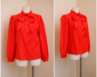 vintage darker red button down blouse with neck bow