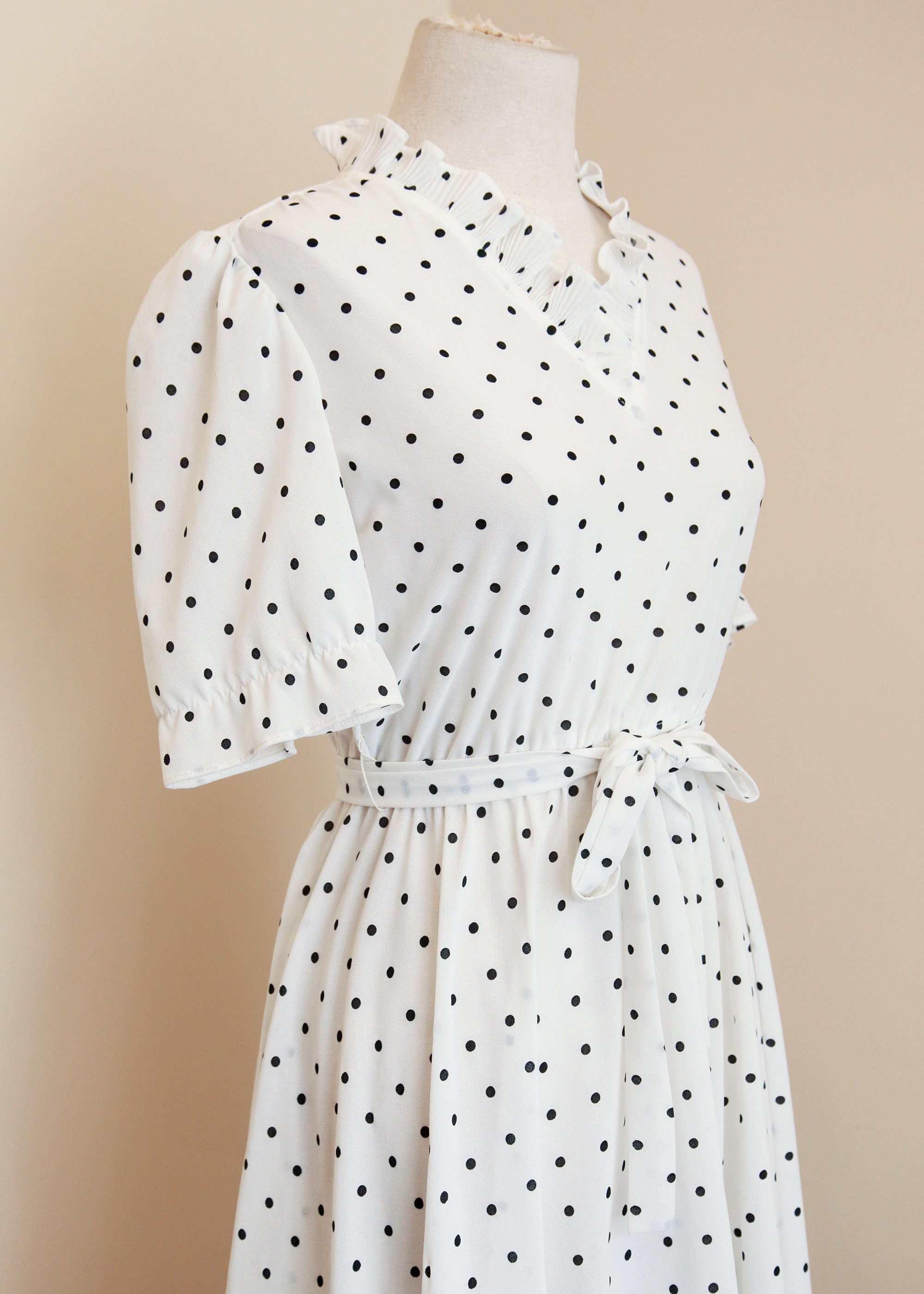 Polka Dot Dress White & Black Short Sleeve Midi Vintage - Etsy