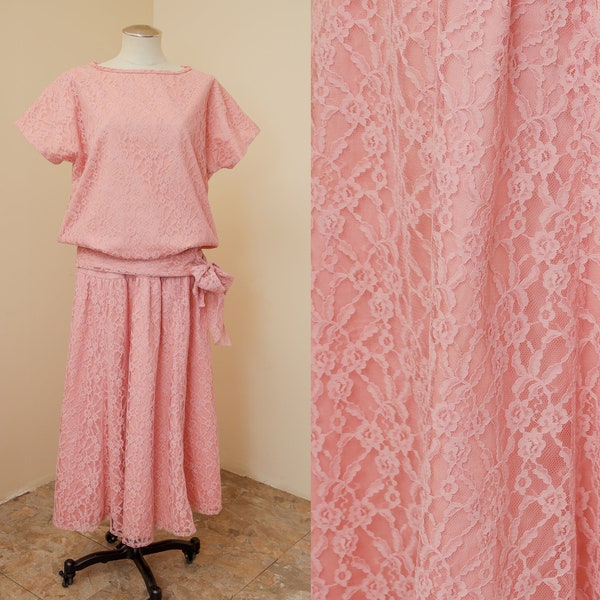 Pink Lace Skirt Blouse Set | Two Piece Separates Midi | 1960s Butterfly Floral Top | High Drop Yoke Waist Fit Flare | Preppy Boho Secretary