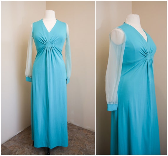 Turquoise Maxi Gown | 1970s Montgomery Ward Dress | L… - Gem