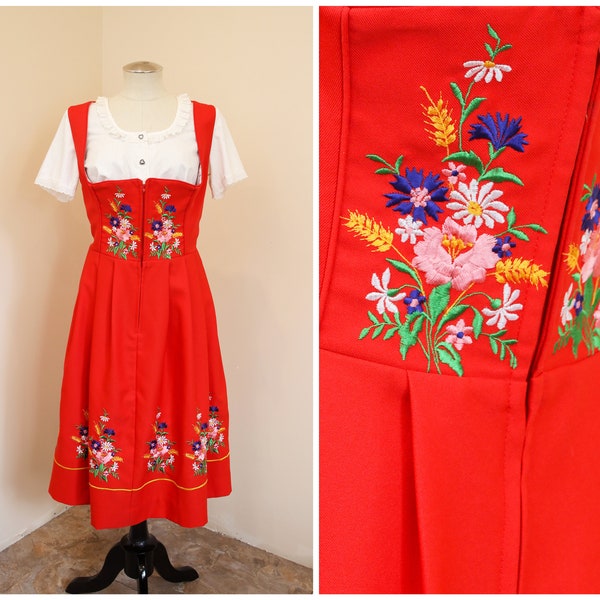 Red Floral Drindl | German Oktoberfest Salzburger Peasant | Folk Cottagecore Outfit | Embroidered Pinafore | Austrian Boho Milkmaid Dress